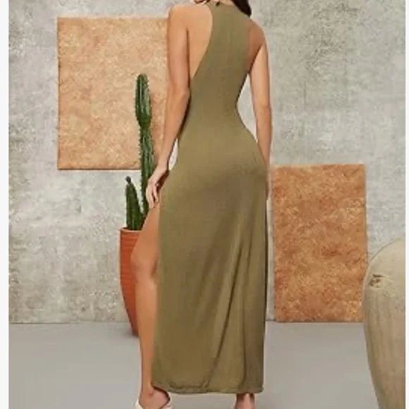 Olive green double slit maxi dress - Picture 2 of 3